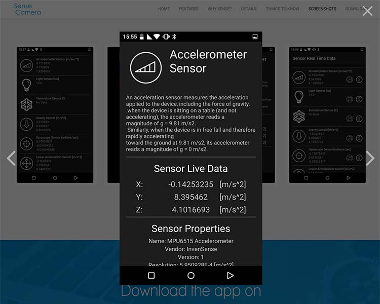 Sense Camera Android App Screens - Sensor Data 2